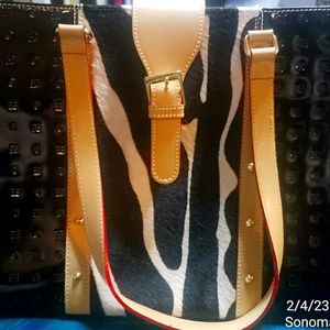 New Authentic Leather and Zebra Black, Tan with Red trim Designer Arcadia Purse